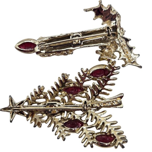 Vtg Tancer II Christmas Tree Candle Brooch Lot Holiday Red Cab Rhinestone Pins - Picture 2 of 13